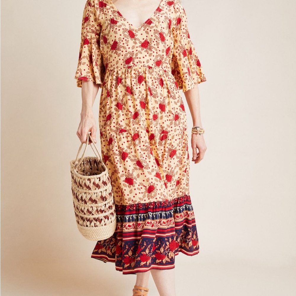 Faithfull the Brand Red and Cream Floral Midi Dress Anthropologie